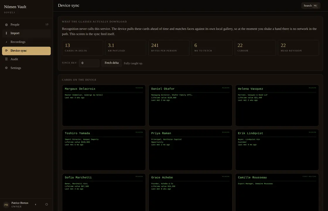 The device sync screen showing the delta payload, the bytes per person, and the cards as the glasses will render them.
